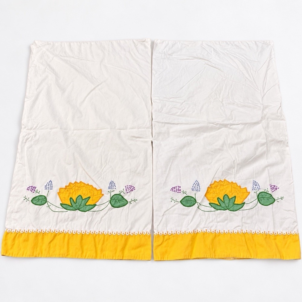 Vintage Pair Embroidered Pillowcases Floral Applique Yellow Trim 30x17 Granny